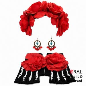SET DISFRAZ CATRINA VINCHA AROS Y GUANTES